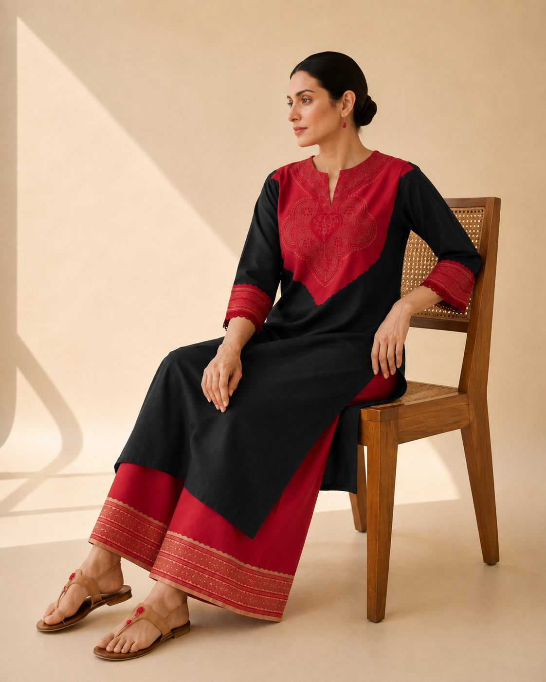 Black & Red Statement Yoke Kurta Palazzo Set