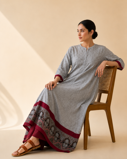 Dove Grey & Maroon Heritage Border Flared Kurta Palazzo Set