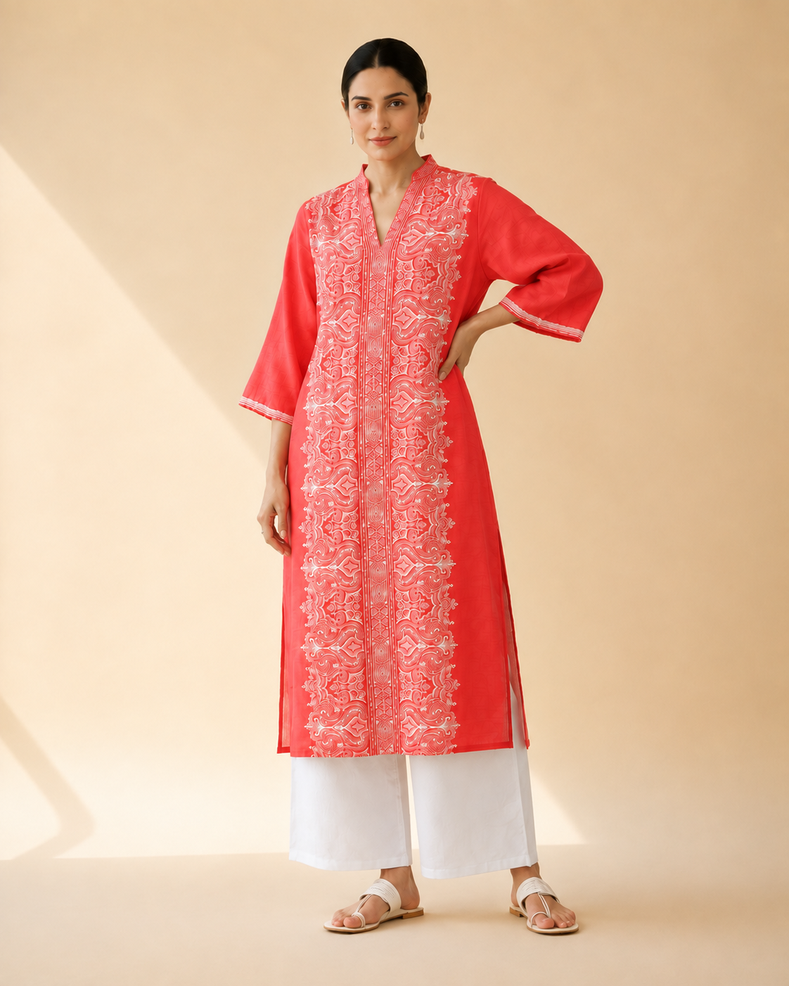 Coral Red Embroidered Kurta Palazzo Set
