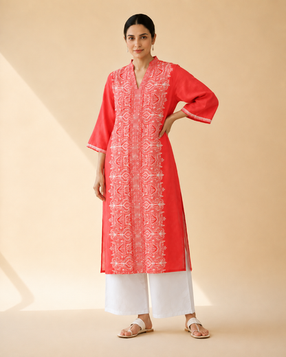 Coral Red Embroidered Kurta Palazzo Set