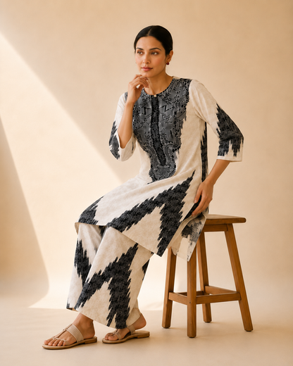 Ivory & Black Artistic Print Kurta Palazzo Set