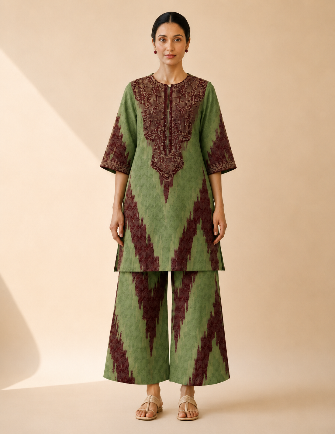 Olive Green & Maroon Artistic Print Kurta Palazzo Set