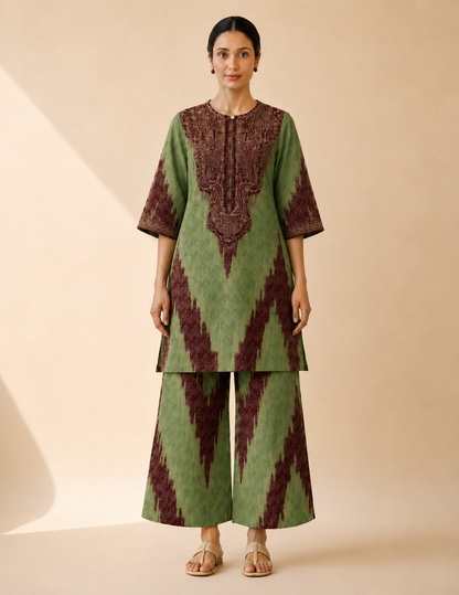 Olive Green & Maroon Artistic Print Kurta Palazzo Set