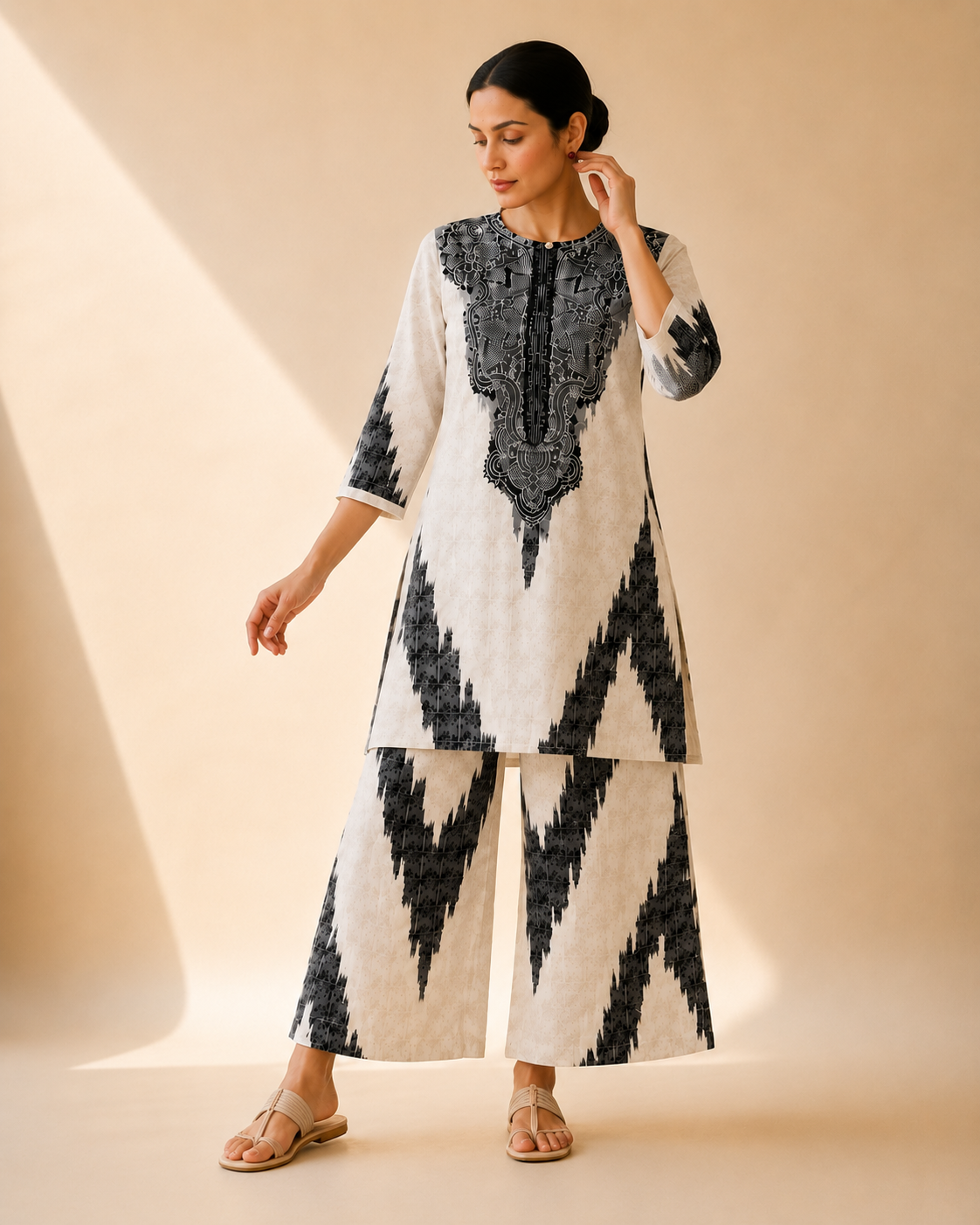 Ivory & Black Artistic Print Kurta Palazzo Set