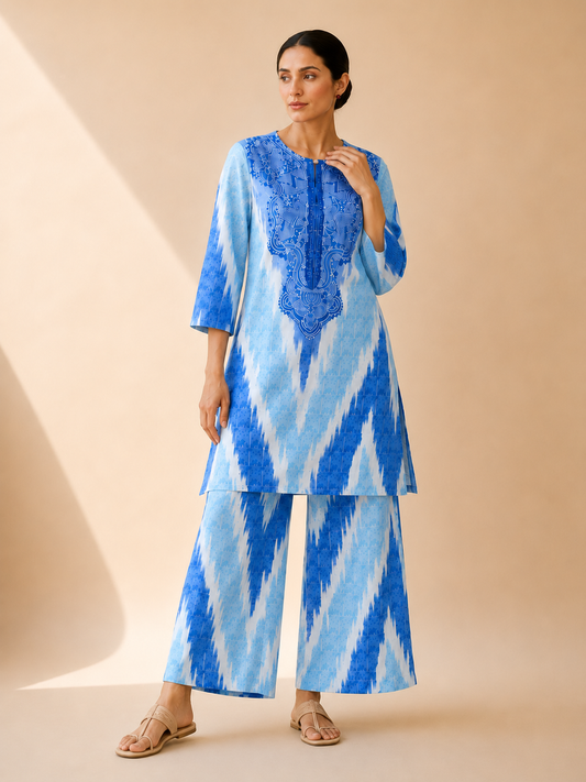 Azure Blue Artistic Print Kurta Palazzo Set