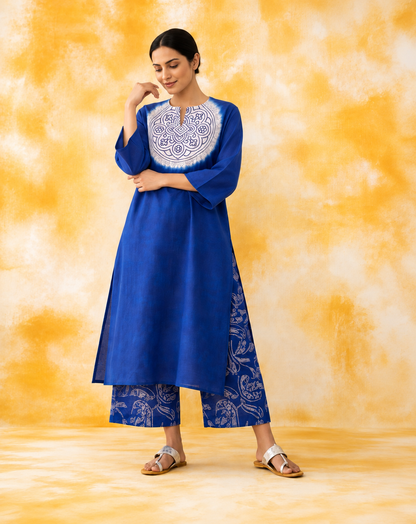 Women's Premium Blue Cotton Tie-Dye Embroidered Kurta