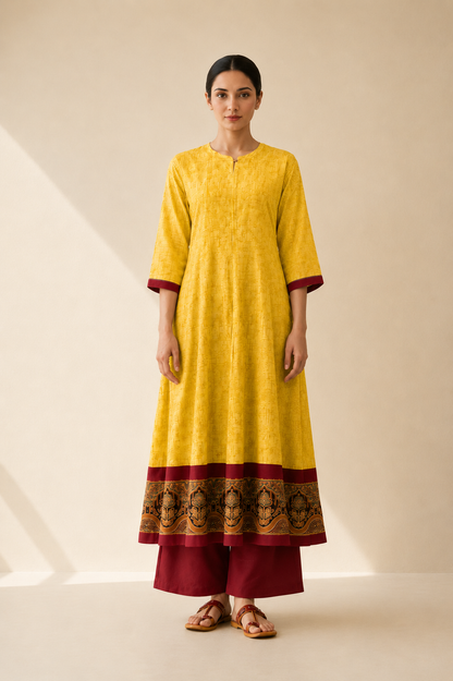 Mustard Yellow & Maroon Printed Flared Kurta Palazzo Set