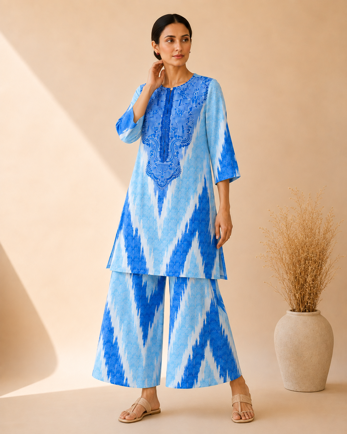 Azure Blue Artistic Print Kurta Palazzo Set