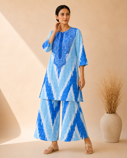 Azure Blue Artistic Print Kurta Palazzo Set