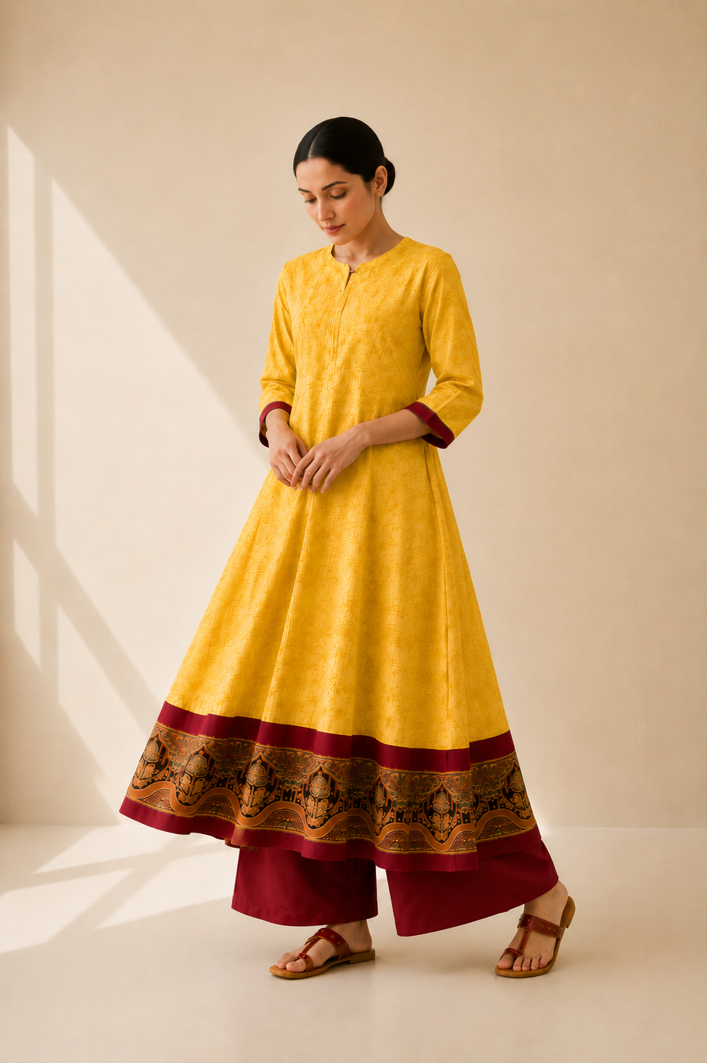 Mustard Yellow & Maroon Printed Flared Kurta Palazzo Set