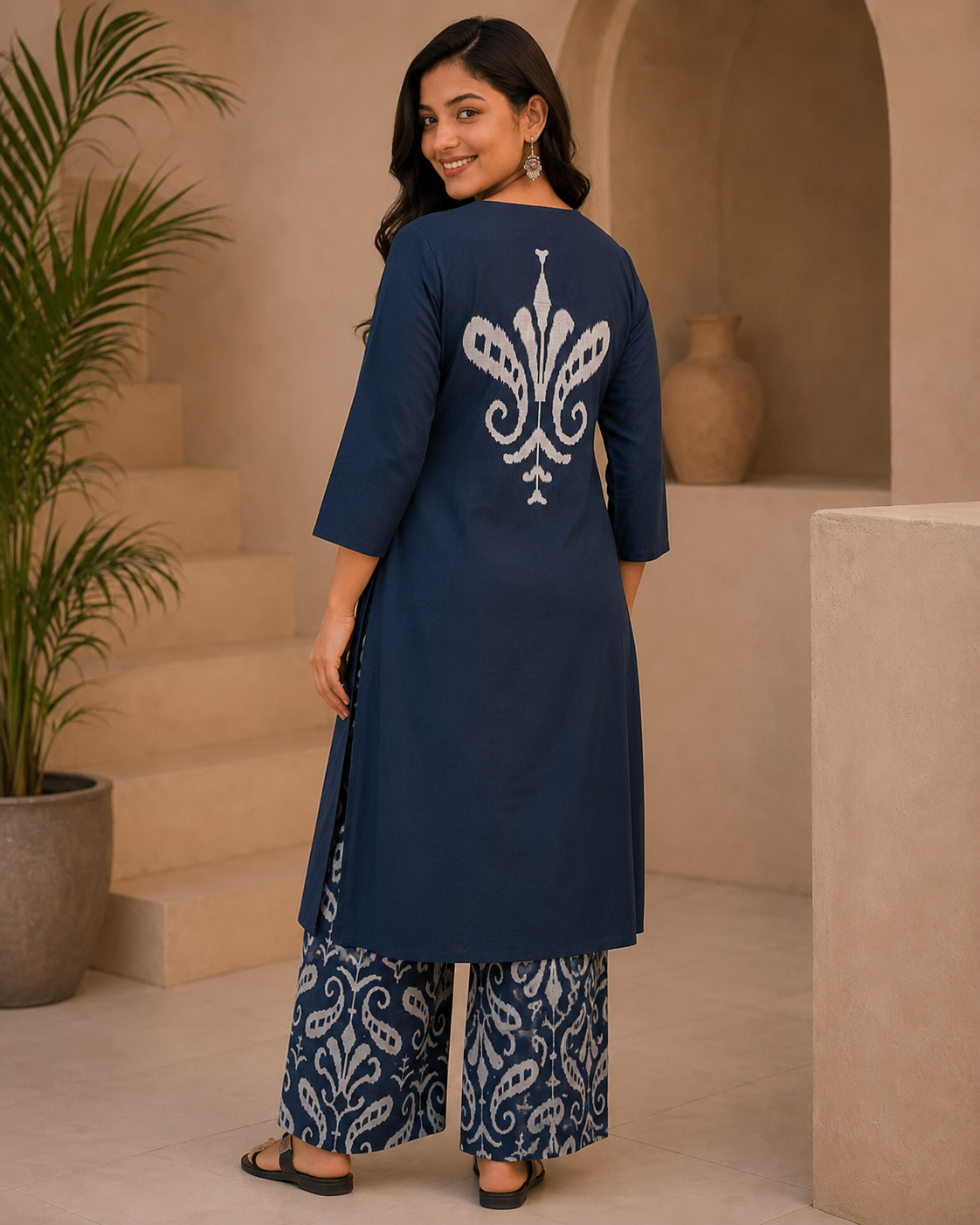 Slate Blue Botanical Print Pleated Dress