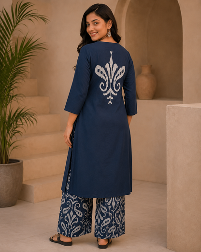 Slate Blue Botanical Print Pleated Dress