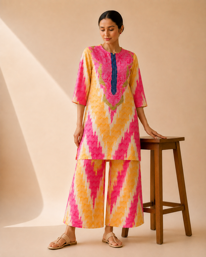 Fuchsia Pink & Mustard Artistic Print Kurta Palazzo Set