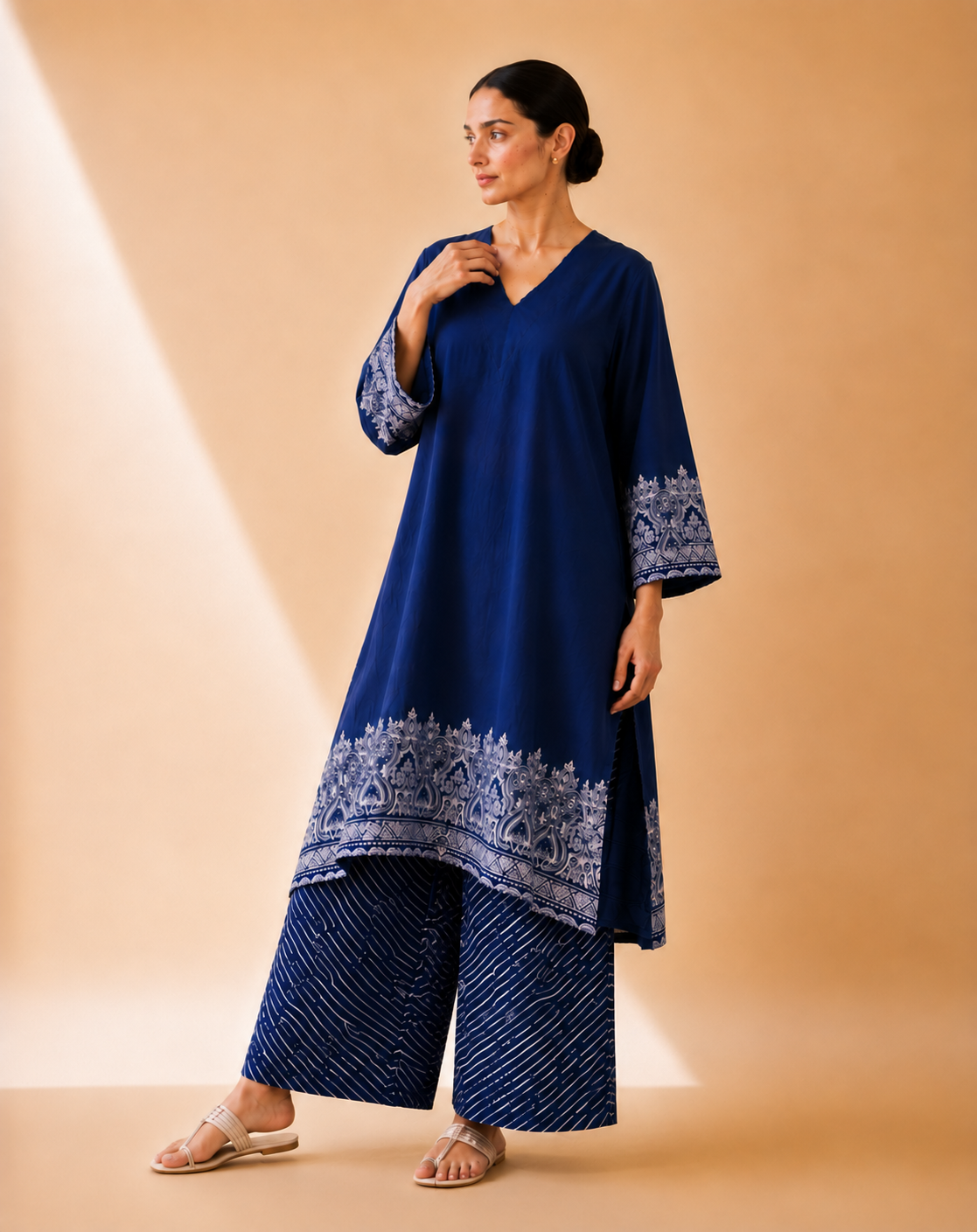 Royal Navy Blue Heritage Border Kurta Palazzo Set