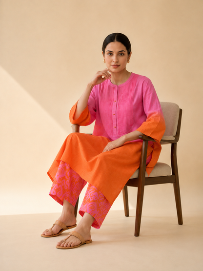 Hot Pink & Orange Ombre Kurta Pant Set