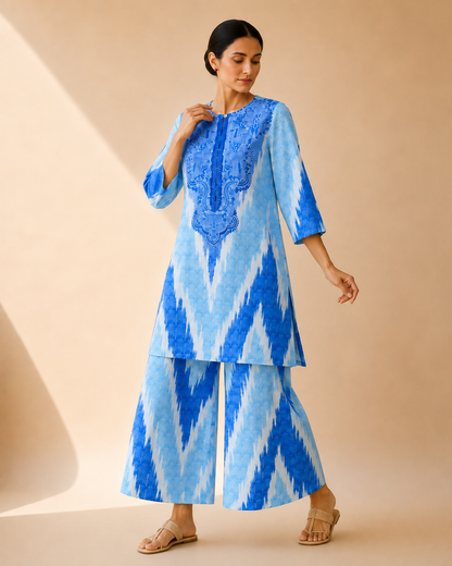 Azure Blue Artistic Print Kurta Palazzo Set