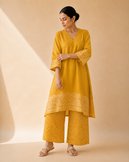 Mustard Yellow Heritage Print Kurta Palazzo Set