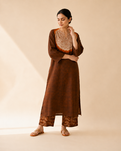 Women's Premium Brown Cotton Tie-Dye Embroidered Kurta Set