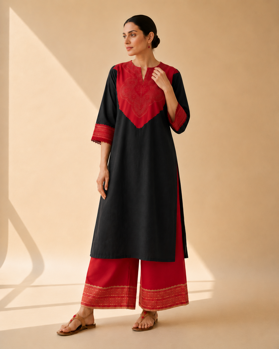 Black & Red Statement Yoke Kurta Palazzo Set