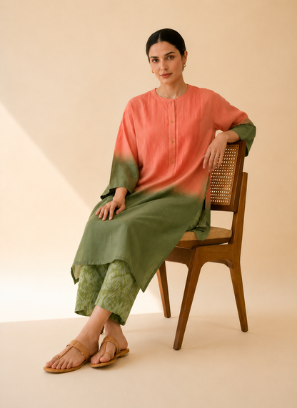 Coral & Olive Ombre Kurta Pant Set