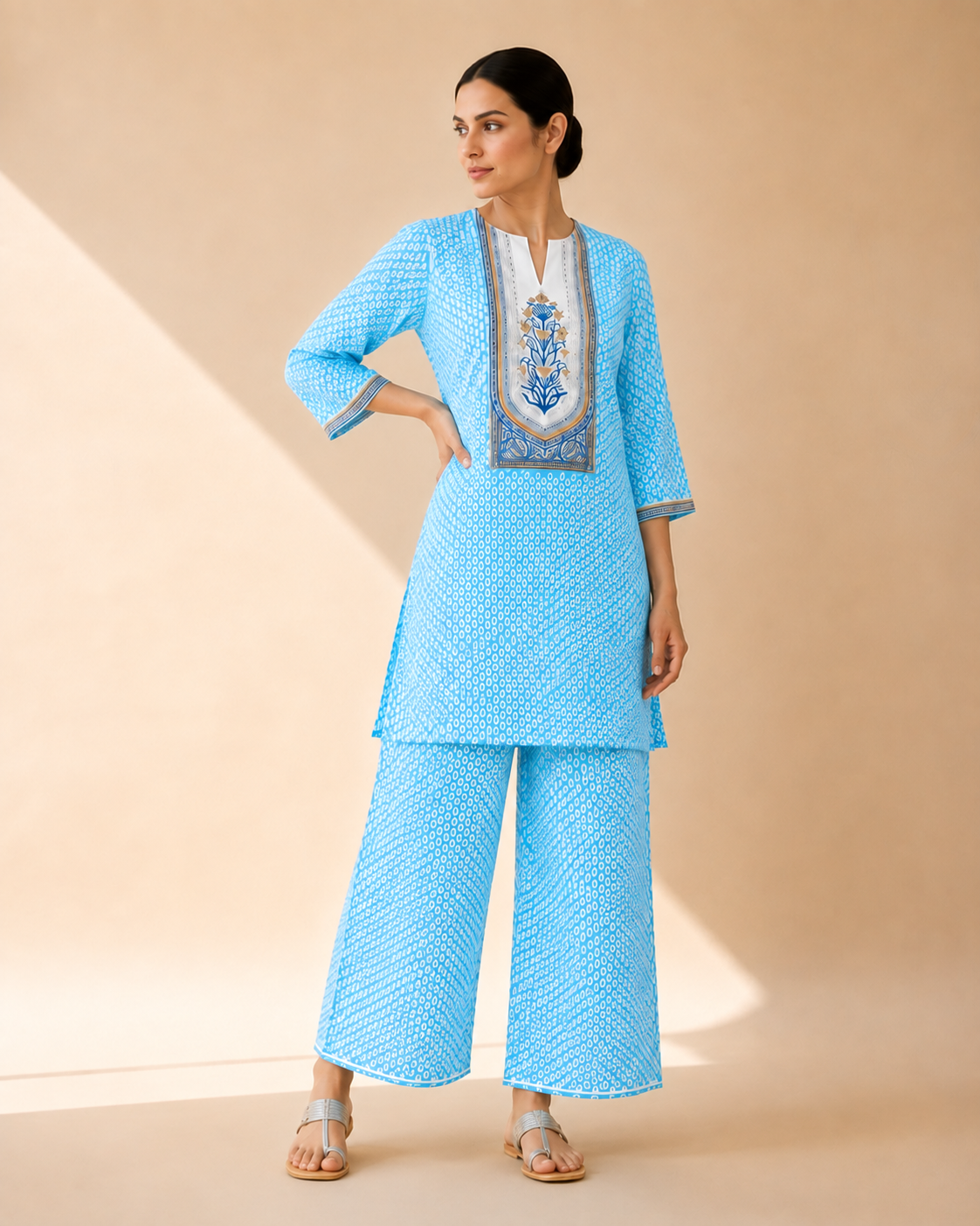 Sky Blue Bandhani Print Kurta Palazzo Set