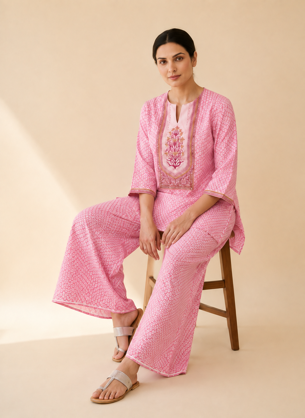 Blush Pink Bandhani Print Kurta Palazzo Set
