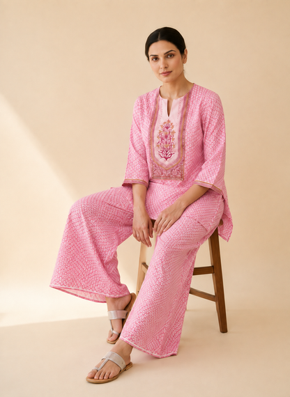 Blush Pink Bandhani Print Kurta Palazzo Set