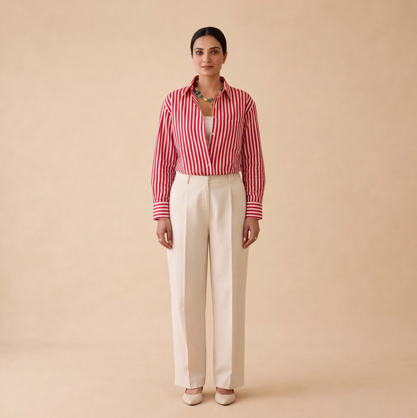 Women's Red & White Striped Shirt – Product Description (Shirt Only)