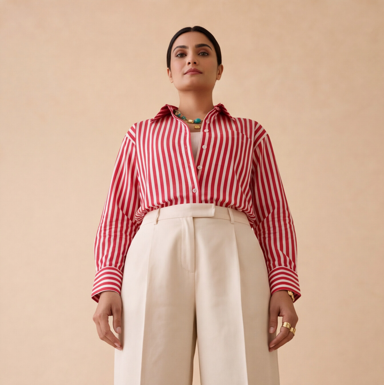 Women's Red & White Striped Shirt – Product Description (Shirt Only)