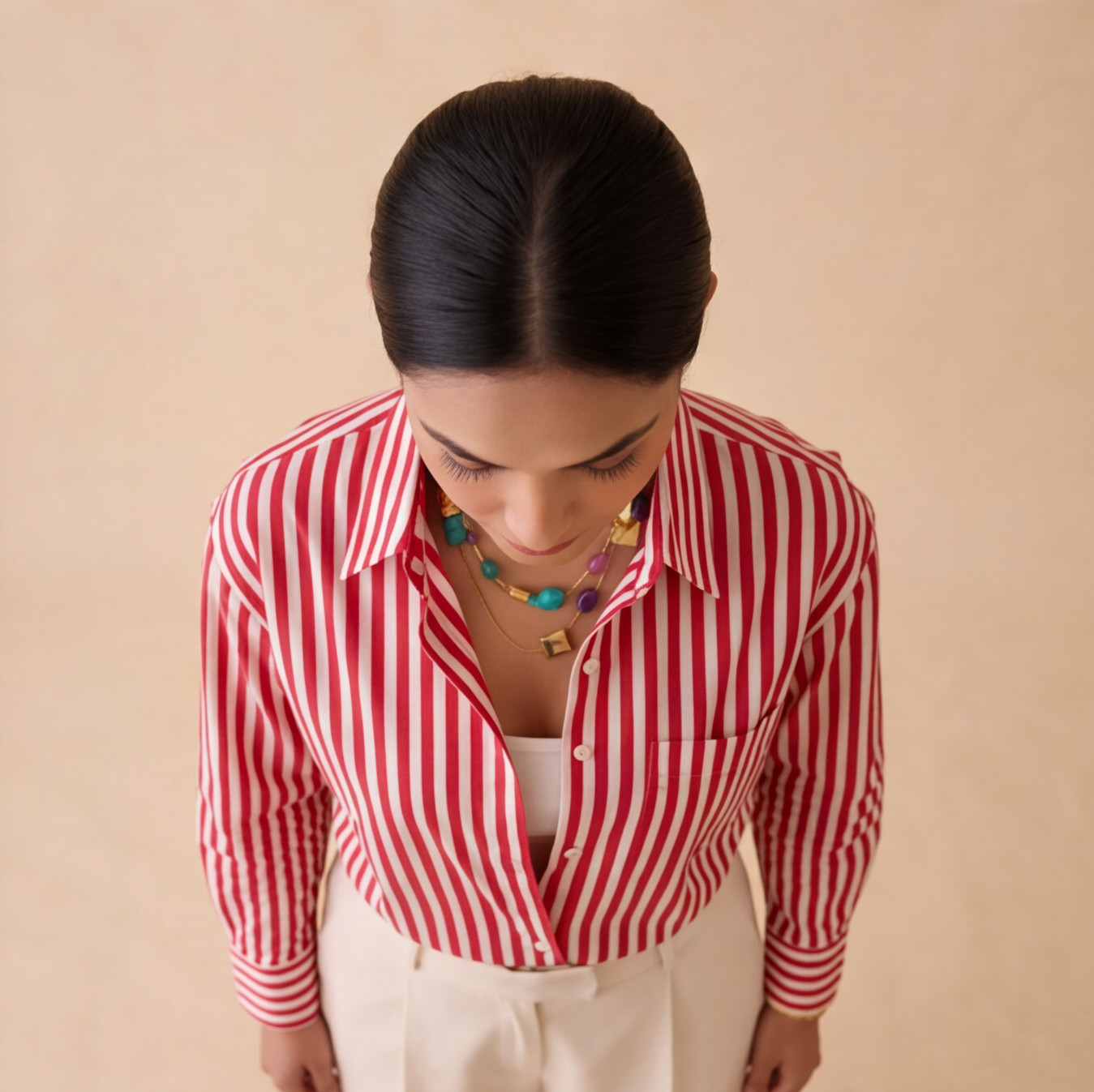 Women's Red & White Striped Shirt – Product Description (Shirt Only)