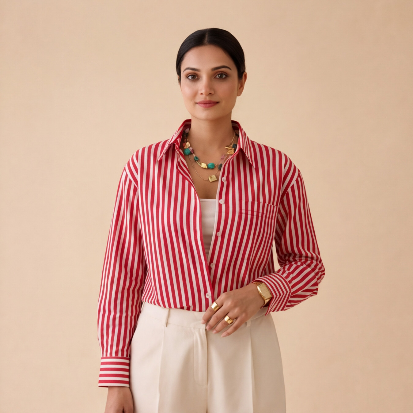 Women's Red & White Striped Shirt – Product Description (Shirt Only)