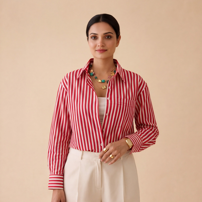 Women's Red & White Striped Shirt – Product Description (Shirt Only)