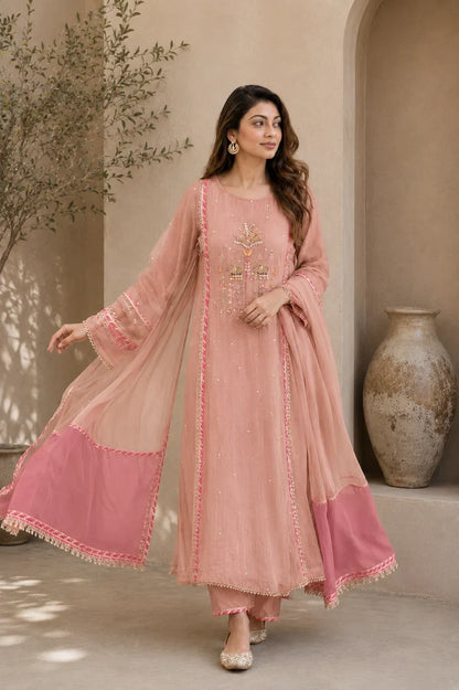 Gulbahar Peach Rose Embroidered Kurta Set