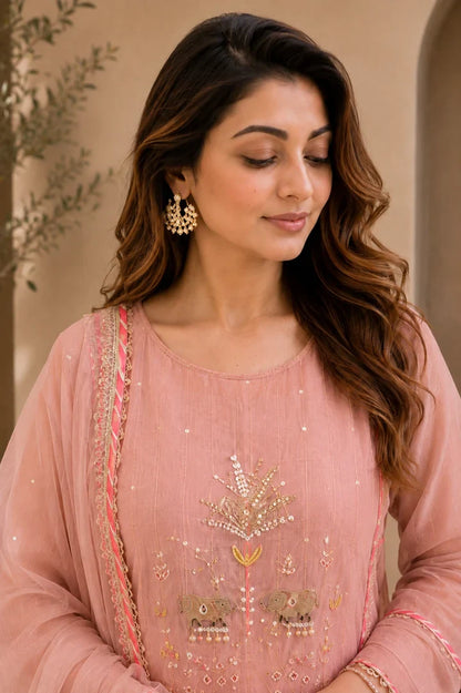 Gulbahar Peach Rose Embroidered Kurta Set