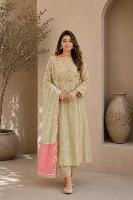 Meher Pista Bloom Embroidered Kurta Set