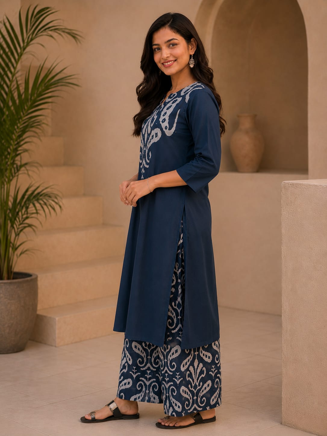 Slate Blue Botanical Print Pleated Dress