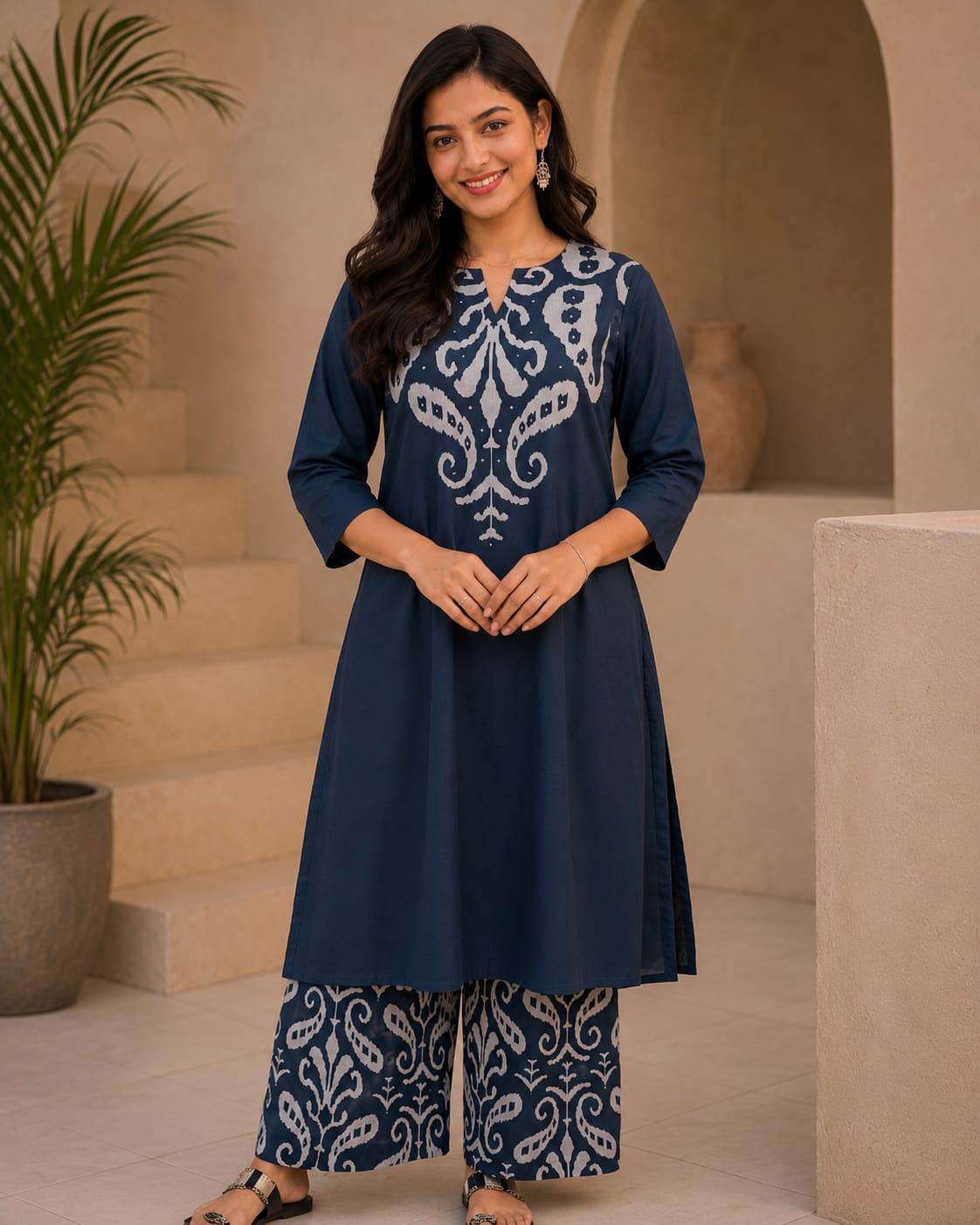 Slate Blue Botanical Print Pleated Dress