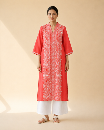 Coral Red Embroidered Kurta Palazzo Set