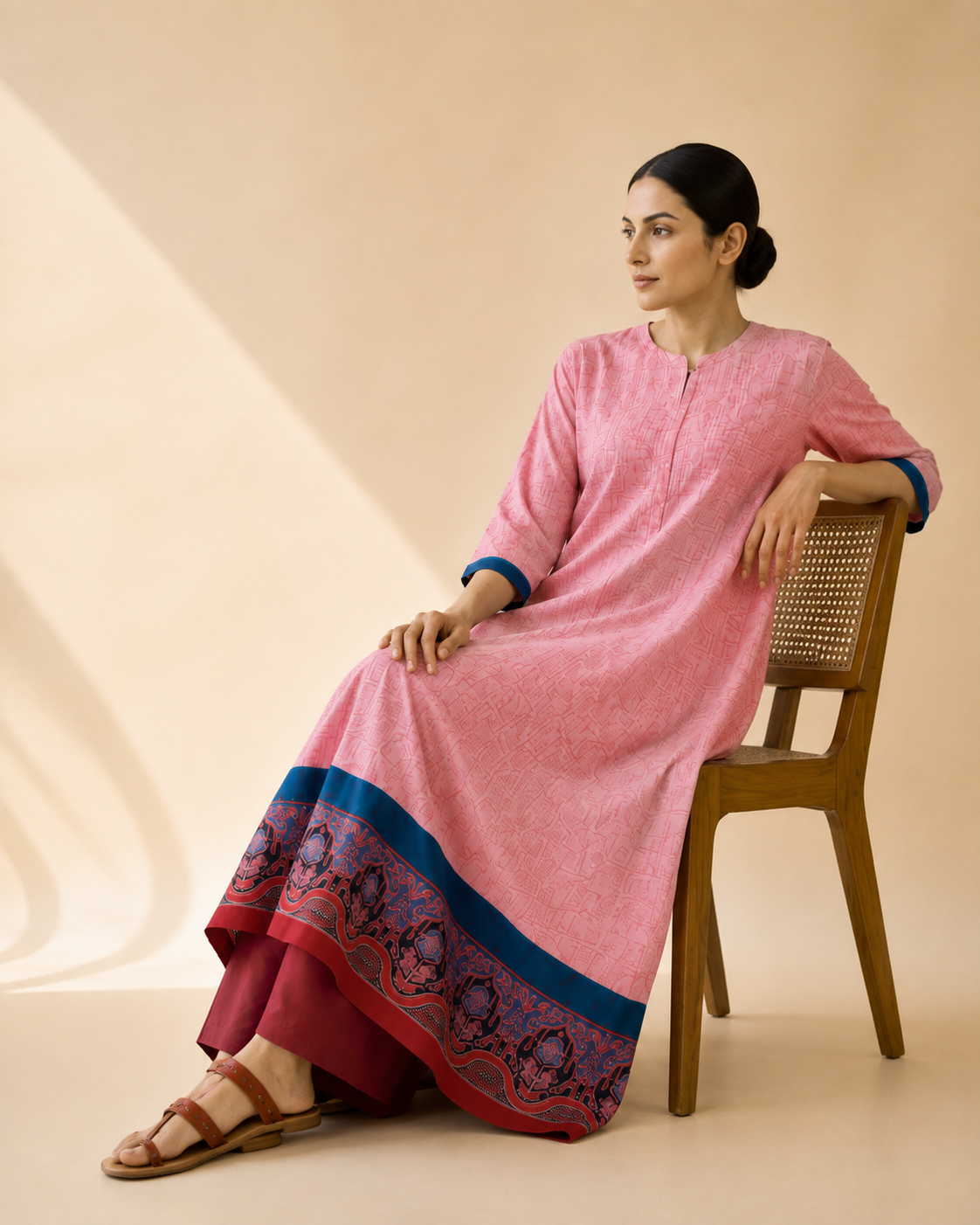 Blush Pink Heritage Border Flared Kurta Palazzo Set