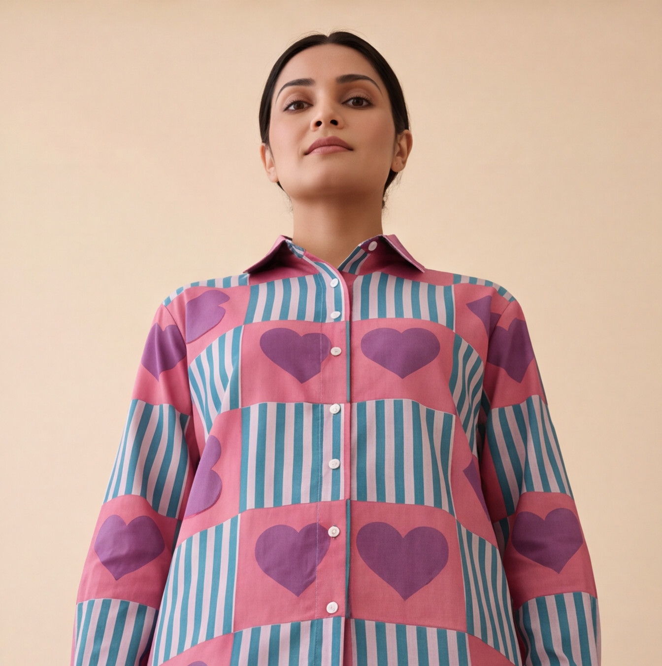 Women's Heart Print Striped Casual Shirt – Product Description (Shirt Only)