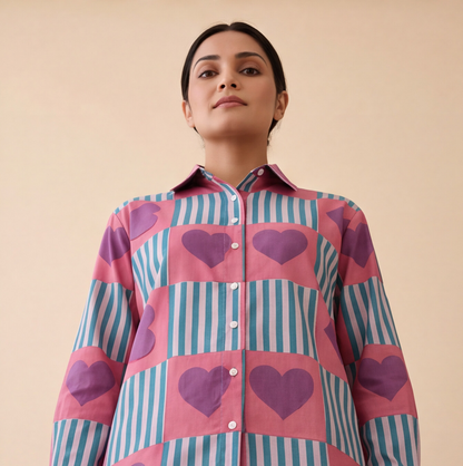 Women's Heart Print Striped Casual Shirt – Product Description (Shirt Only)