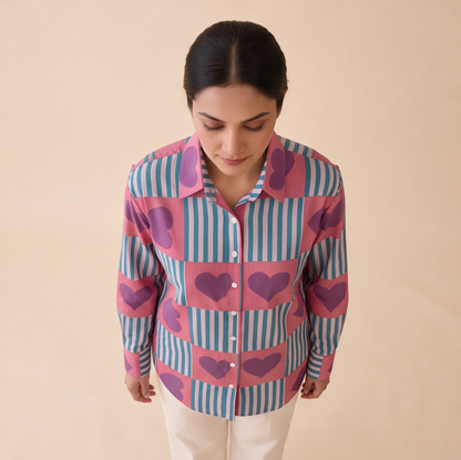 Women's Heart Print Striped Casual Shirt – Product Description (Shirt Only)