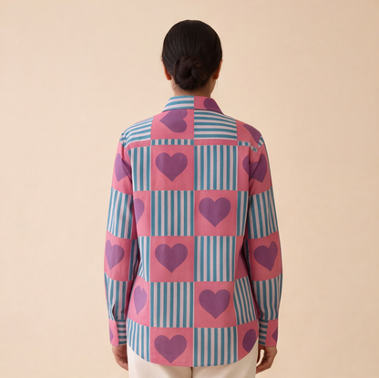 Women's Heart Print Striped Casual Shirt – Product Description (Shirt Only)