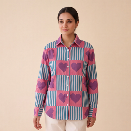 Women's Heart Print Striped Casual Shirt – Product Description (Shirt Only)