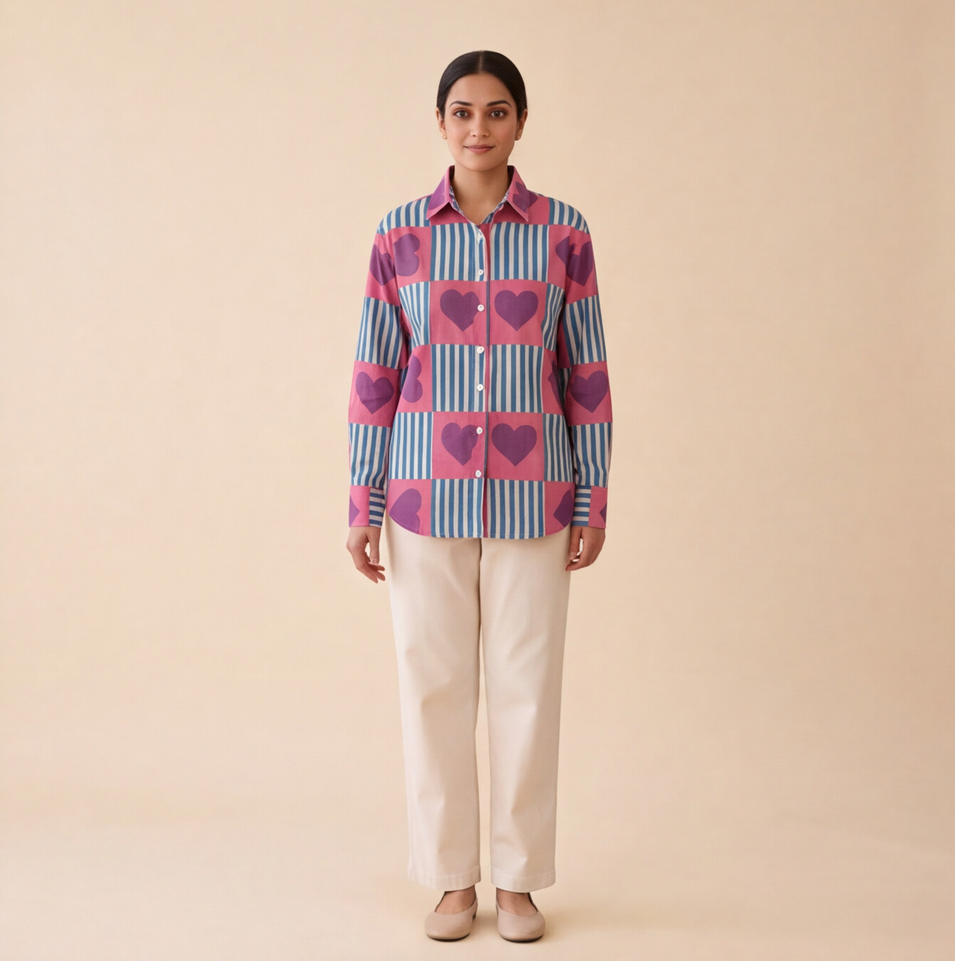 Women's Heart Print Striped Casual Shirt – Product Description (Shirt Only)