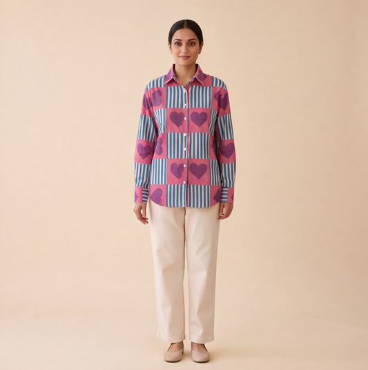 Women's Heart Print Striped Casual Shirt – Product Description (Shirt Only)