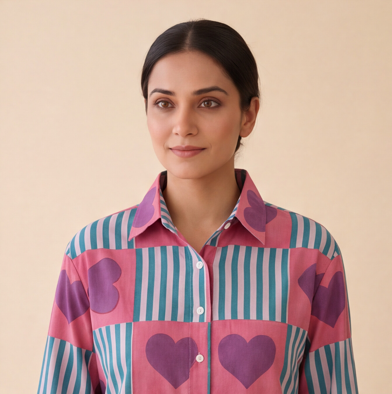 Women's Heart Print Striped Casual Shirt – Product Description (Shirt Only)