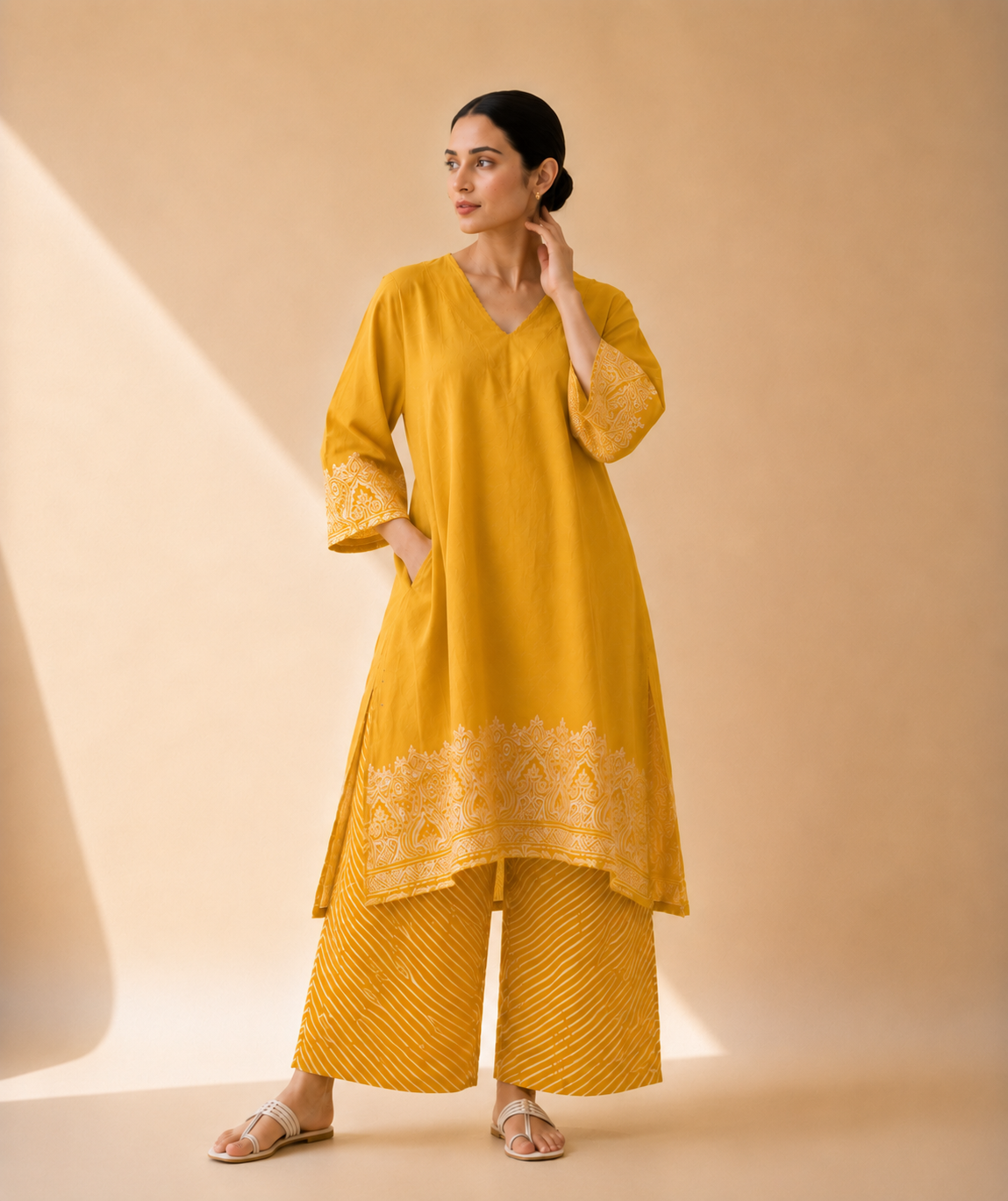 Mustard Yellow Heritage Print Kurta Palazzo Set