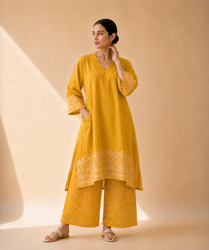 Mustard Yellow Heritage Print Kurta Palazzo Set