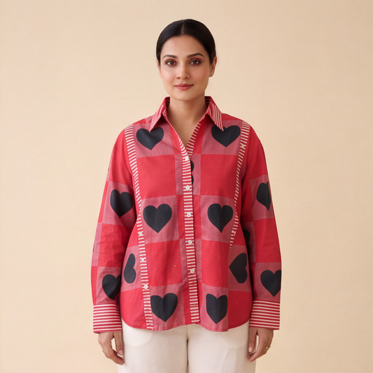Women's Red Heart Print Casual Shirt – Product Description (Shirt Only)